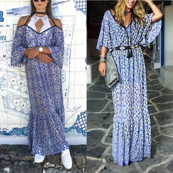 Nidodileda Sheer Jacquard Geometric Print Blue Maxi Dress Sz L Greece Made - Picture 1 of 12